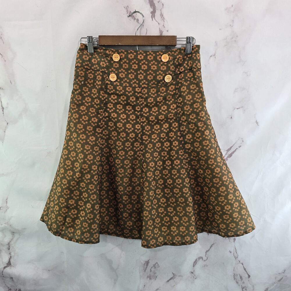 Vintage Y2K Skirt Womens 26 2 XS Orange High Rise Green Floral Silk Rockabilly
